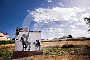 Silhouettes of Don Quixote and Sancho Panza at the entrance to the city of Esquivias where Cervantes got married