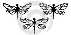 Silhouettes of dragonflies with simple white patterns on a white isolated background. Set of insects
