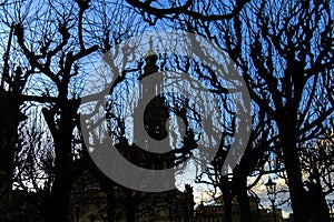 Silhouettes of Dresden Cathedral of Trinity Hofkirche and Dresden Castle Hausmannsturm. Dresden, Germany. November 2019