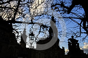 Silhouettes of Dresden Cathedral of Trinity Hofkirche and Dresden Castle Hausmannsturm. Dresden, Germany. November 2019