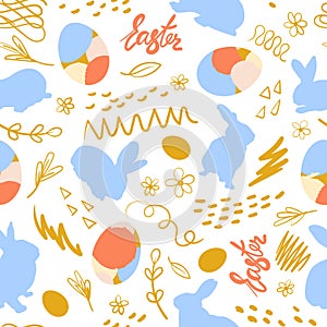 Silhouettes of easter bunny, chicken egg and floral scribble elements. Festive seamless pattern. Vector