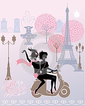 Silhouettes of Effel Tower, girls riding