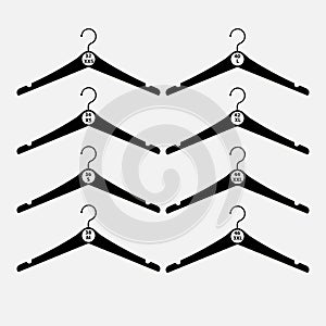 Silhouettes of eight hangers with EU clothing sizes