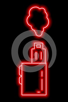 Silhouettes of electronic vape with steam on a black background. Red neon icon. Vector illustration