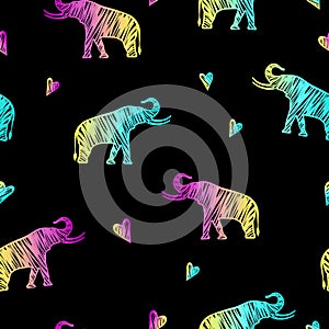 Silhouettes of elephants and hearts. Seamless pattern.