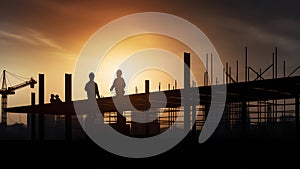 Silhouettes of engineer and construction team working at sunrise or sunset, neural network generated image photo