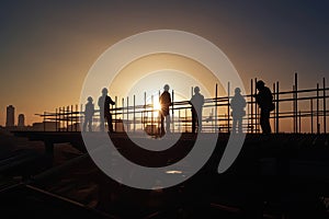 Silhouettes of engineers at construction site at sunset. Generative AI