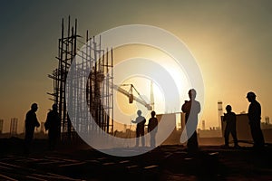 Silhouettes of engineers at construction site at sunset. Generative AI