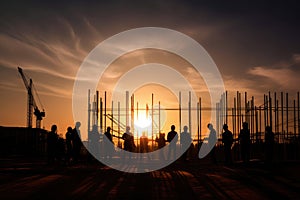 Silhouettes of engineers at construction site at sunset. Generative AI