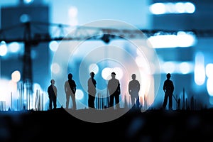 Silhouettes of engineers and workers with cranes in background