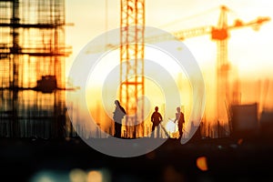 Silhouettes of engineers and workers with cranes in background
