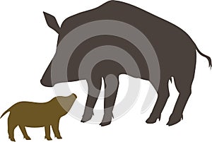 Silhouettes of European wild boar Sus scrofa with piglet