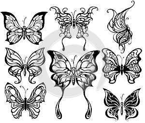 Silhouettes of exotic butterflies