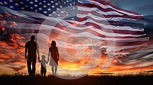 Silhouettes of family with kids on background with USA flag