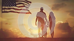 Silhouettes of family with kids on background with USA flag