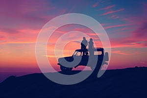 Silhouettes of a family on a trip, bonding under sunset