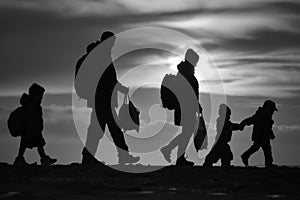 Silhouettes of a family on a trip, bonding under sunset