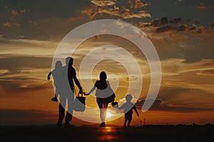 Silhouettes of a family on a trip, bonding under sunset