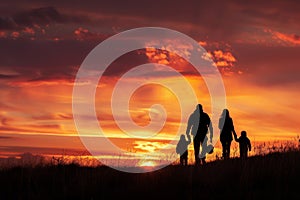 Silhouettes of a family on a trip, bonding under sunset