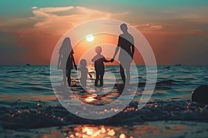 Silhouettes of a family on a trip, bonding under sunset