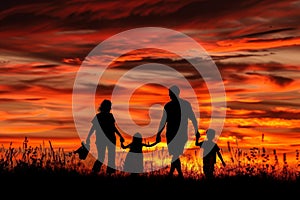 Silhouettes of a family on a trip, bonding under sunset