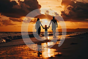 Silhouettes of a family on a trip, bonding under sunset