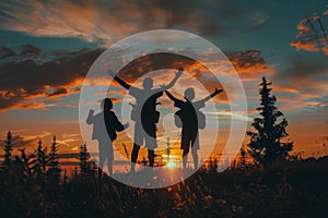 Silhouettes of a family on a trip, bonding under sunset