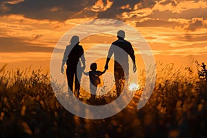 Silhouettes of a family on a trip, bonding under sunset