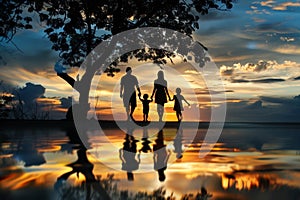 Silhouettes of a family on a trip, bonding under sunset