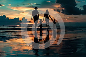 Silhouettes of a family on a trip, bonding under sunset