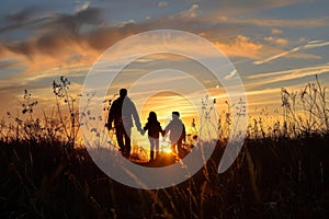 Silhouettes of a family on a trip, bonding under sunset