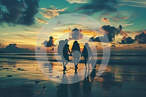 Silhouettes of a family on a trip, bonding under sunset