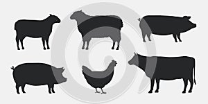 Silhouettes of Farm Animals. Cow, Pig, Sheep, Lamb, Hen. Farm Animals icons isolated on white background. Vector livestock icons.