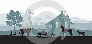 Silhouettes of farm animals. Rural landscape with cow, horse and pig. Village panorama for poster. Farmer house