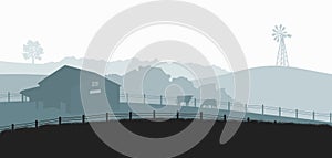 Silhouettes of farm landscape. Rural panorama of runch with cow on meadow. Village scenery for poster. Farmer house