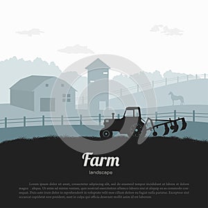 Silhouettes of farm landscape. Rural panorama of runch with tractor. Village scenery for poster. Farmer house and horse.