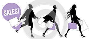 Silhouettes of fashionable women with shopping bags walking on the street