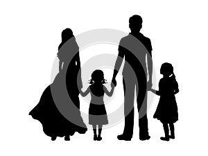 Silhouettes father mother and two daughters from back hold hands