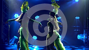 Silhouettes of female dancers in revealing carnival costumes and headdresses with feathers dancing in a dark studio with