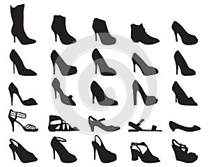 Silhouettes of female shoes, sandals and boots