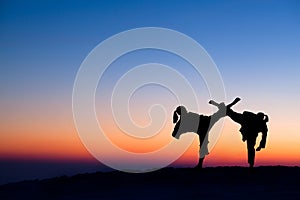 Silhouettes of fighters fight at sunset