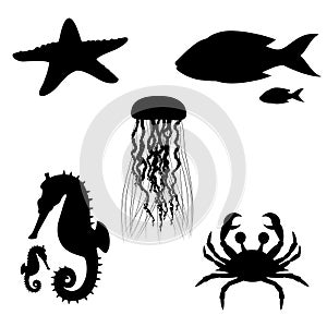 Silhouettes of fish and sea animals