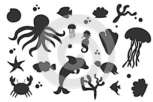 Silhouettes of fish and sea animals isolated black and white vector illustration minimal style EPS