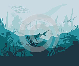 Silhouettes of fish and seaweed against the seabed background.