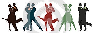 Silhouettes of five couples wearing clothes in the style of the twenties dancing retro music