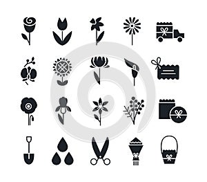 Silhouettes of flowers icon set. Gardening and flowers delivery icons