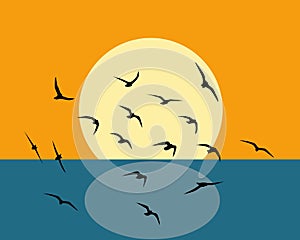 Flying birds silhouettes. Seagulls flying over the sea. Wallpaper, background design. Vector flock of birds.