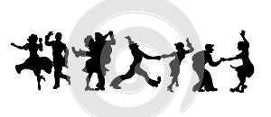 Silhouettes four couple of people dancing Charleston or retro dance. Vector Illustration.set retro silhouette dancer isolated