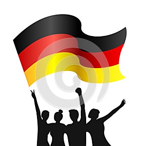 Silhouettes of four happy celebrating people with a waving flag of Germany. Vector illustration, black, red and yellow.