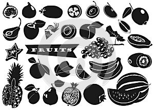 Silhouettes of fruits with leaves on white background. Set. Vector.